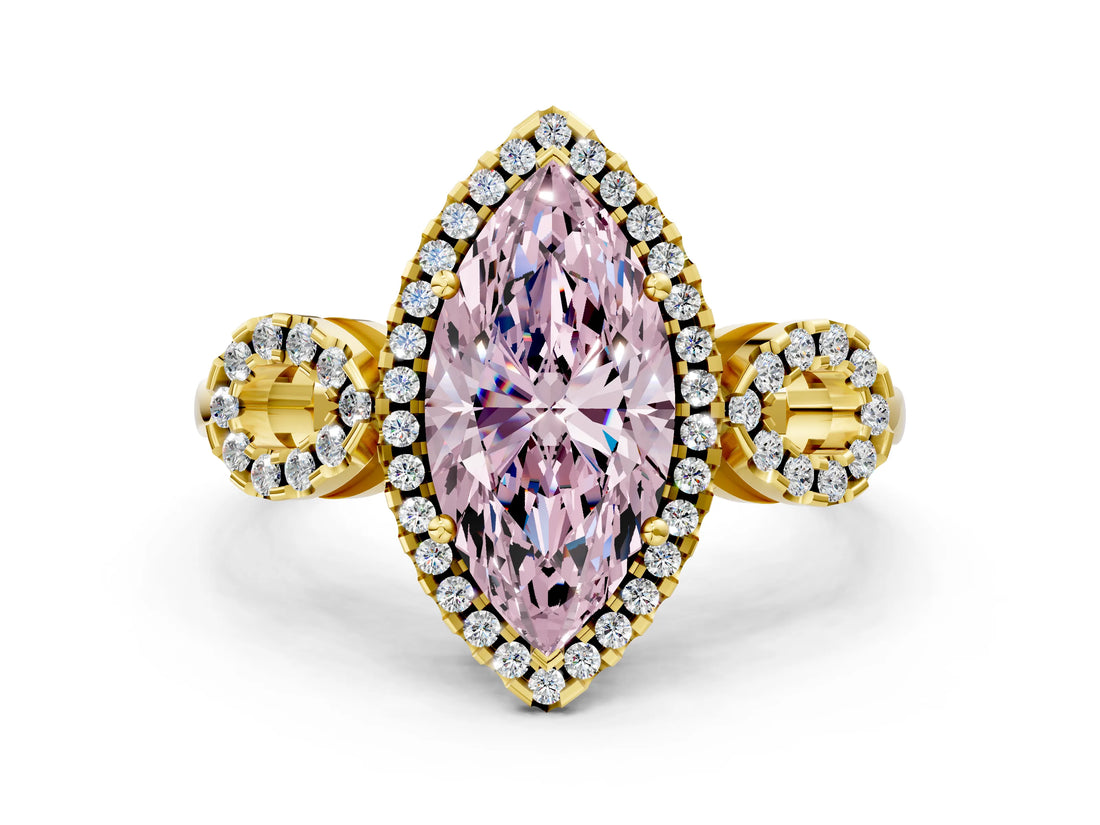 Yellow gold Fancy Pink Marquise Cut Cut Halo Diamond Infinity Band with Four-Prong Setting