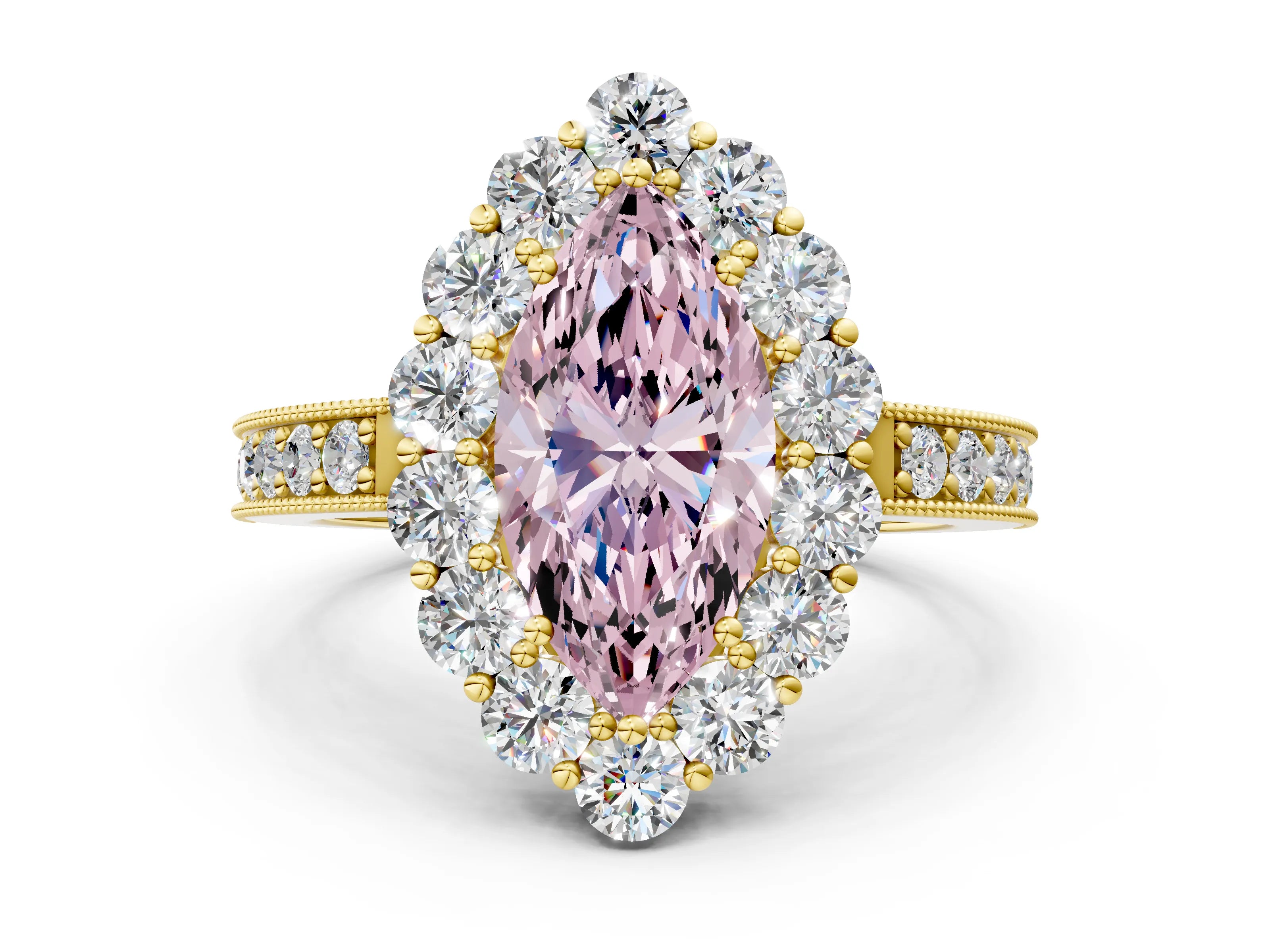 Yellow gold Fancy Pink Marquise Cut Cut Halo Diamond Pavé Engagement Ring with Milgrain Detailing