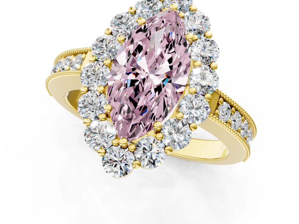 Yellow gold Fancy Pink Marquise Cut Cut Halo Diamond Pavé Engagement Ring with Milgrain Detailing