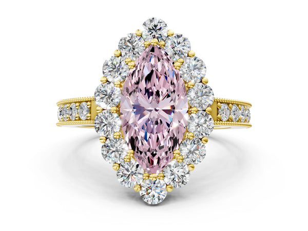 Yellow gold Fancy Pink Marquise Cut Cut Halo Diamond Pavé Engagement Ring with Milgrain Detailing