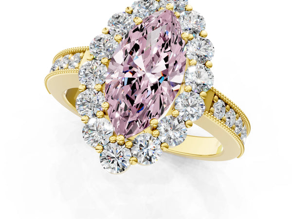 Yellow gold Fancy Pink Marquise Cut Cut Halo Diamond Pavé Engagement Ring with Milgrain Detailing
