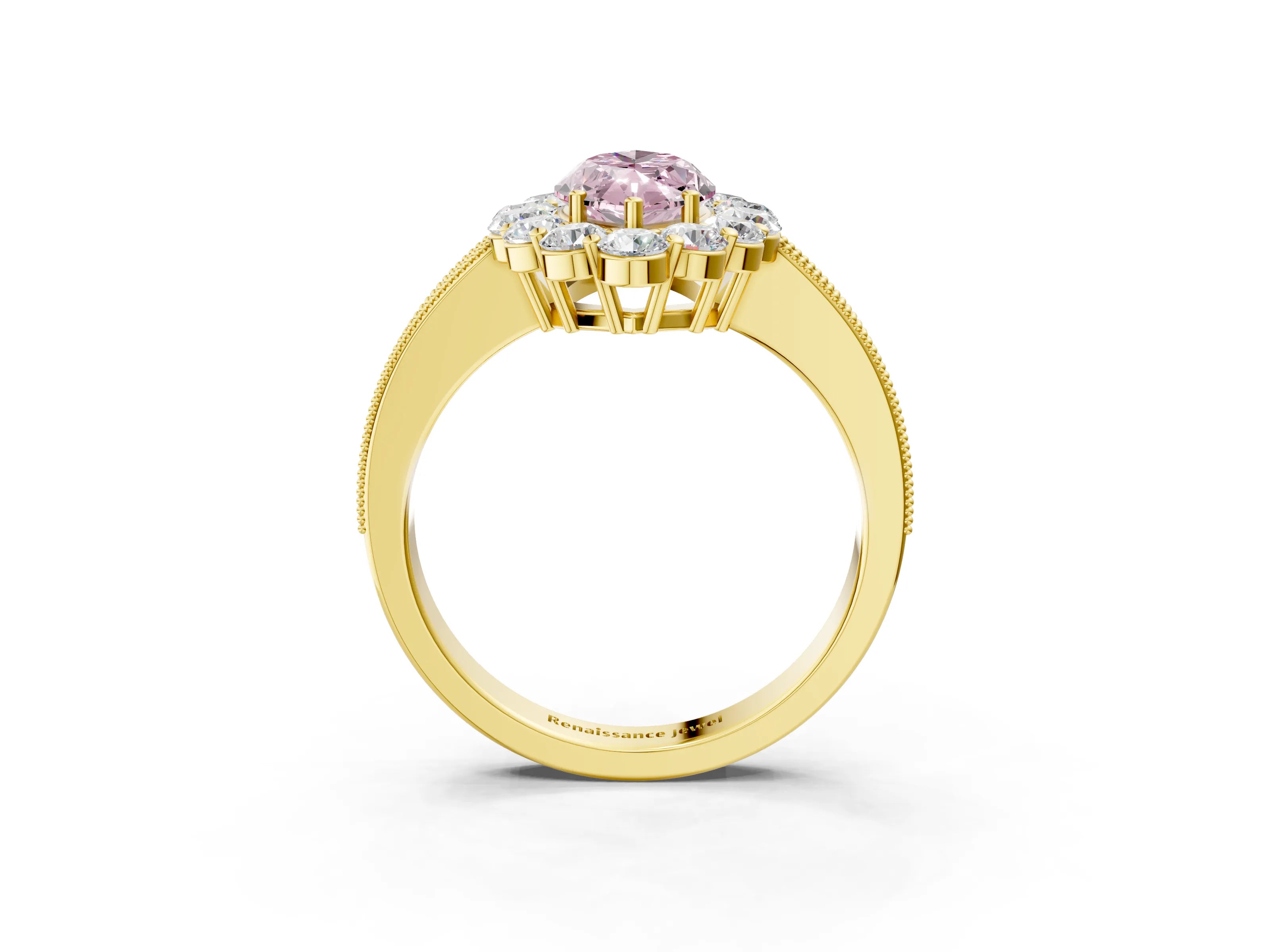 Yellow gold Fancy Pink Marquise Cut Cut Halo Diamond Pavé Engagement Ring with Milgrain Detailing_15