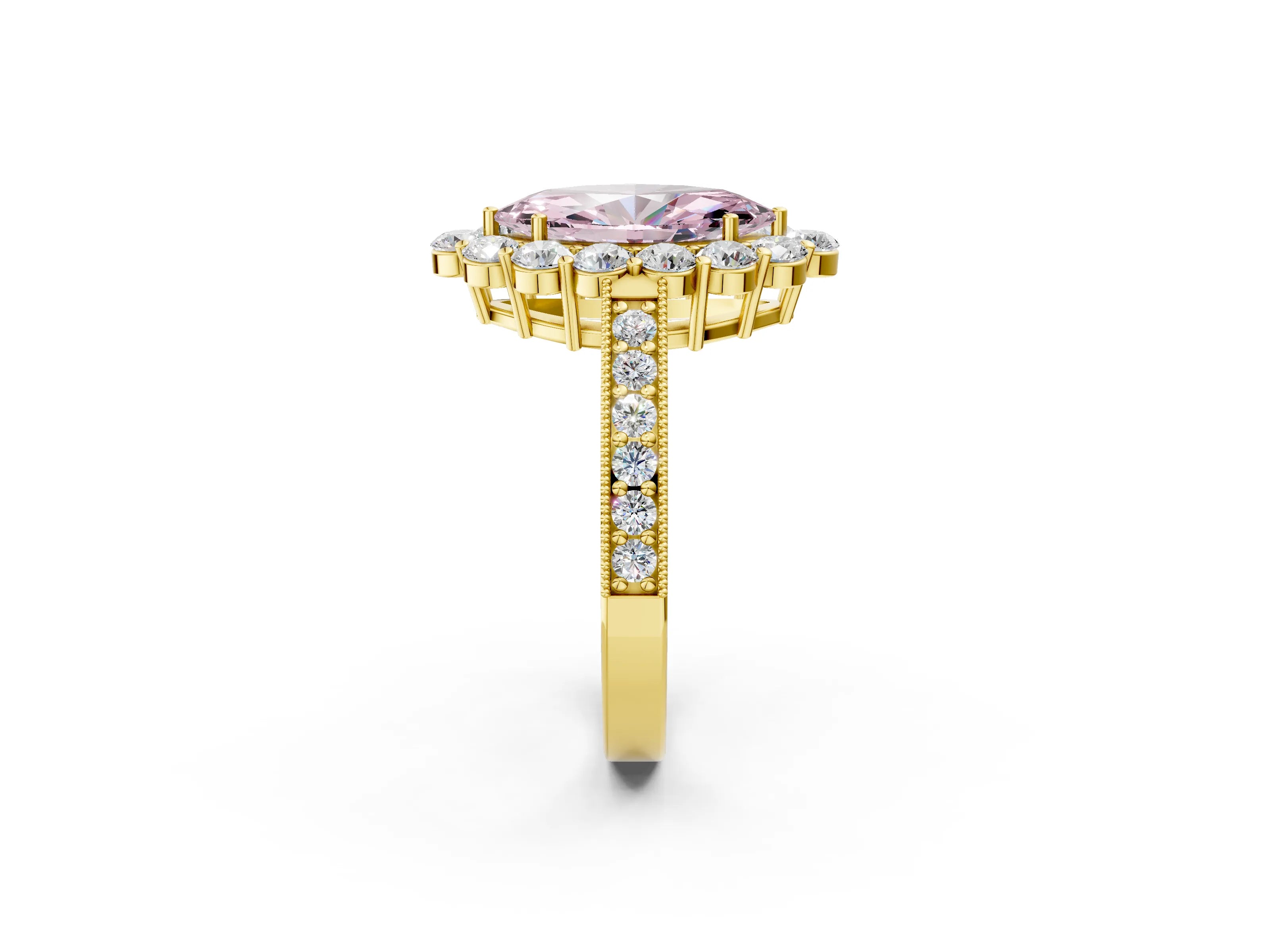 Yellow gold Fancy Pink Marquise Cut Cut Halo Diamond Pavé Engagement Ring with Milgrain Detailing_2