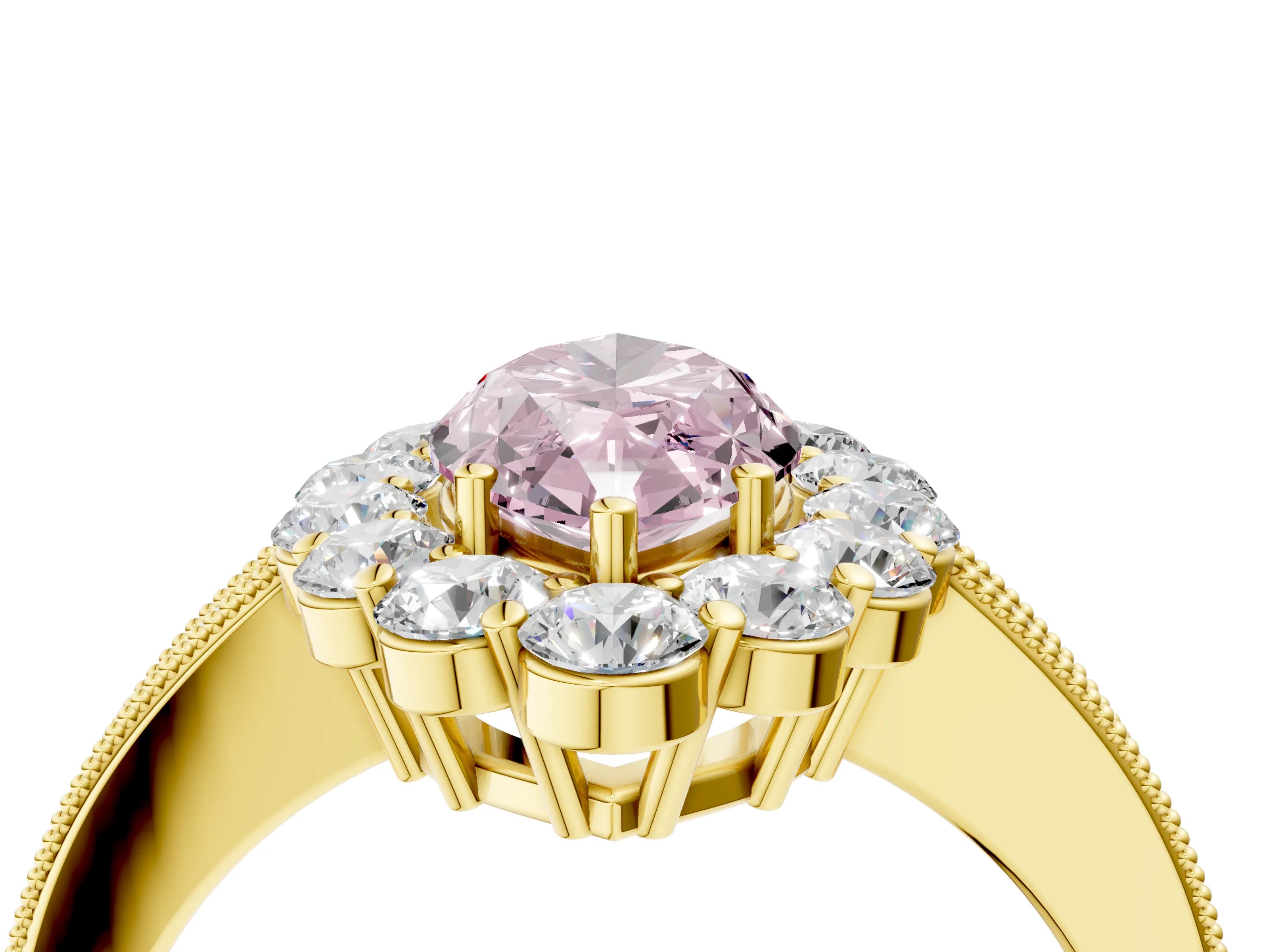 Yellow gold Fancy Pink Marquise Cut Cut Halo Diamond Pavé Engagement Ring with Milgrain Detailing_4