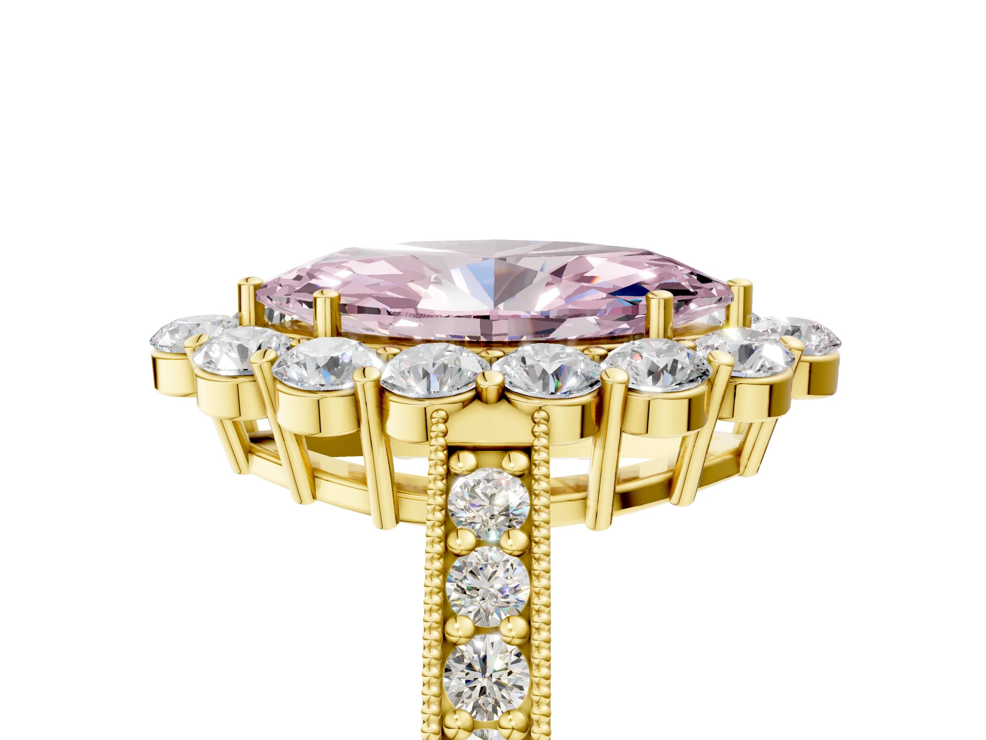 Yellow gold Fancy Pink Marquise Cut Cut Halo Diamond Pavé Engagement Ring with Milgrain Detailing_5