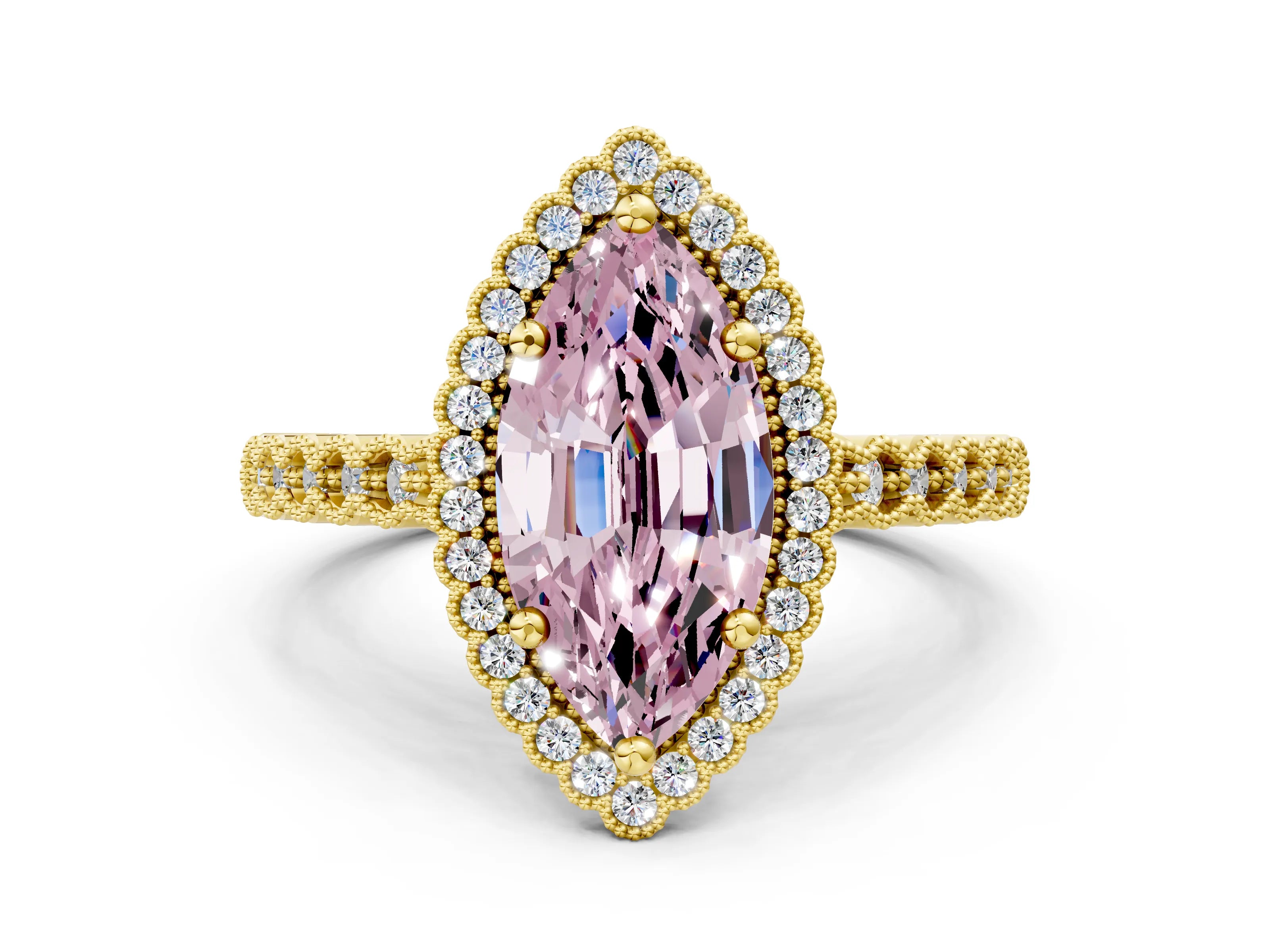 Yellow gold Fancy Pink Marquise Cut Cut Halo Pavé Solitaire Ring with Milgrain Band