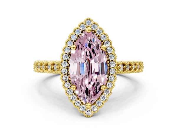 Yellow gold Fancy Pink Marquise Cut Cut Halo Pavé Solitaire Ring with Milgrain Band