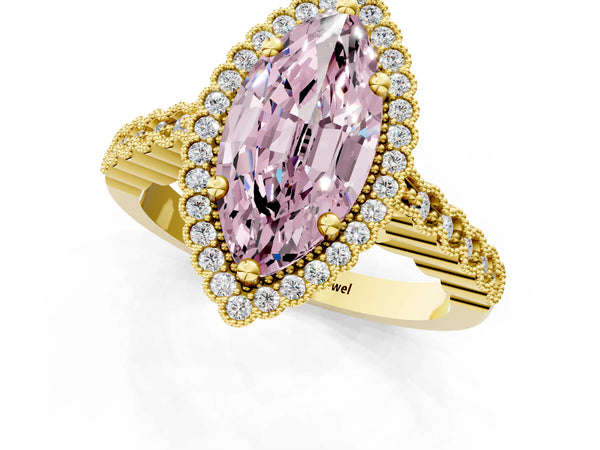 Yellow gold Fancy Pink Marquise Cut Cut Halo Pavé Solitaire Ring with Milgrain Band