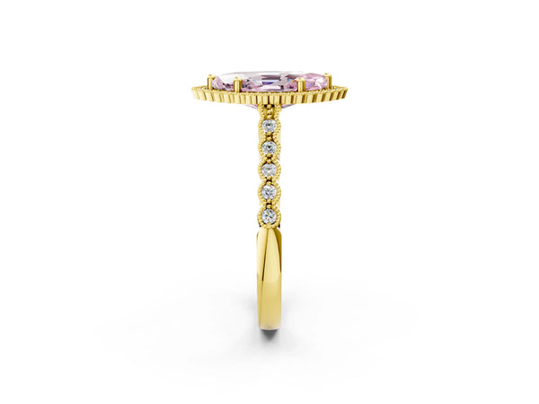 Yellow gold Fancy Pink Marquise Cut Cut Halo Pavé Solitaire Ring with Milgrain Band