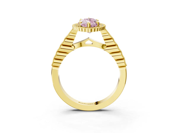 Yellow gold Fancy Pink Marquise Cut Cut Halo Pavé Solitaire Ring with Milgrain Band