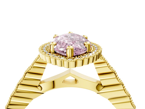 Yellow gold Fancy Pink Marquise Cut Cut Halo Pavé Solitaire Ring with Milgrain Band_4