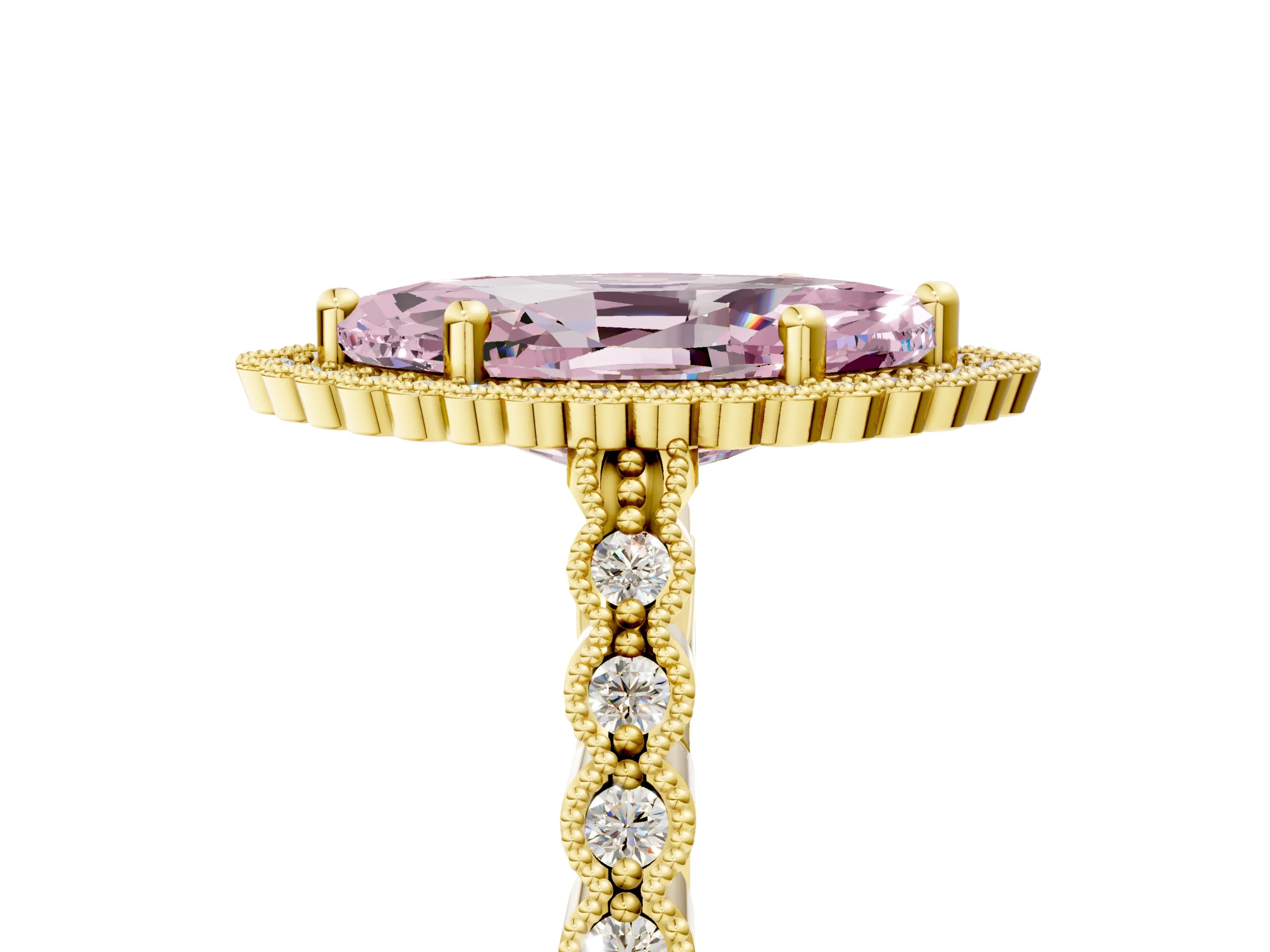 Yellow gold Fancy Pink Marquise Cut Cut Halo Pavé Solitaire Ring with Milgrain Band_5