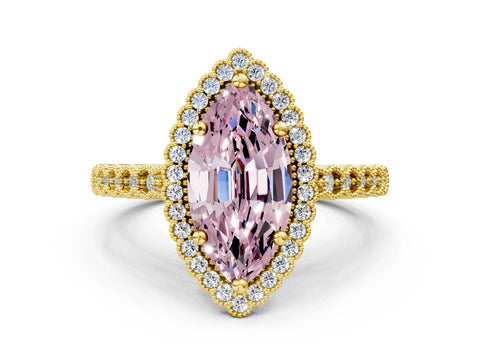 Yellow gold Fancy Pink Marquise Cut Cut Halo Pavé Solitaire Ring with Milgrain Band