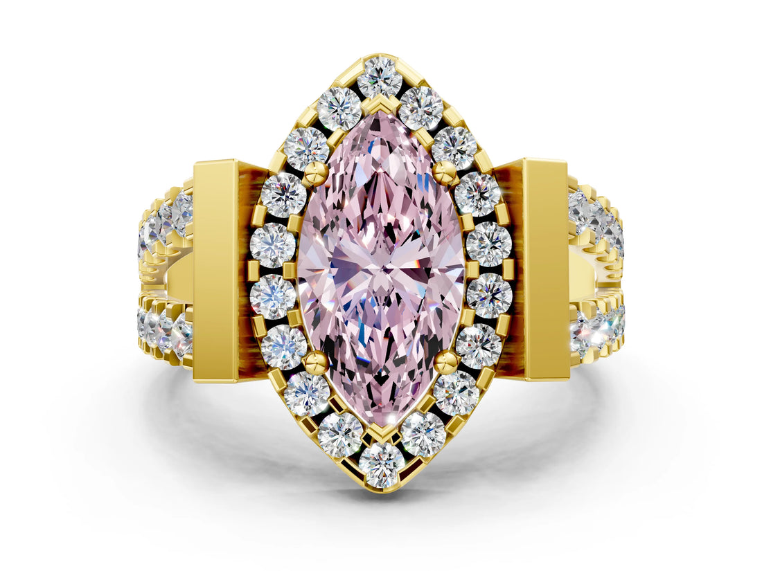 Yellow gold Fancy Pink Marquise Cut Cut Halo Split Shank Prong Set Ring