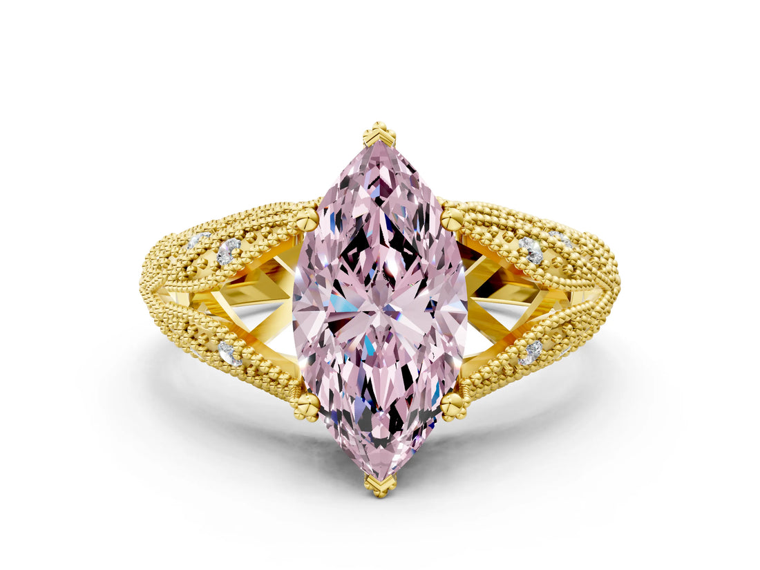 Yellow gold Fancy Pink Marquise Cut Cut Milgrain Pave Diamond Engagement Ring with Four-Prong Setting_3