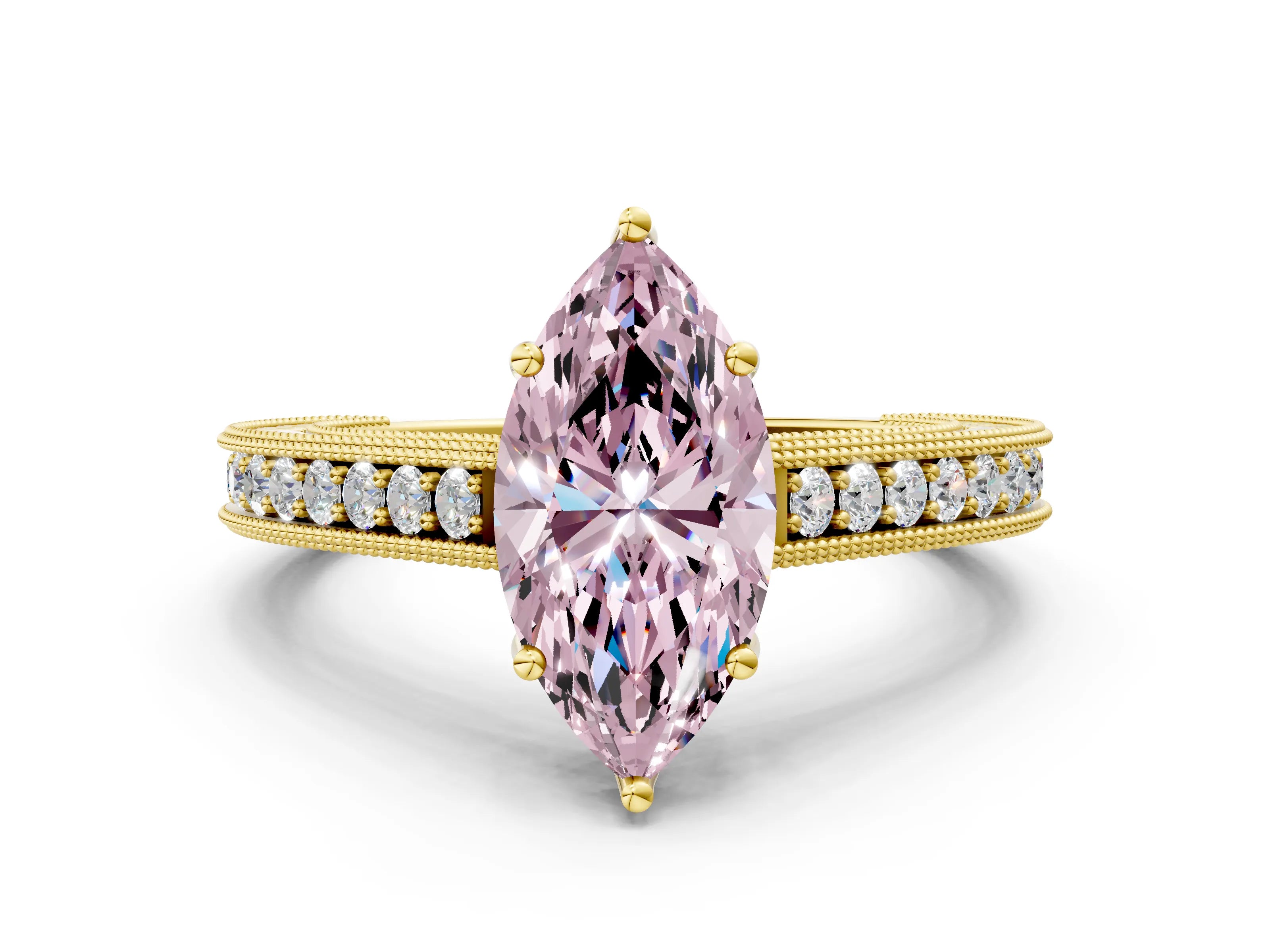 Yellow gold Fancy Pink Marquise Cut Cut Pave Band Milgrain Solitaire Ring_22