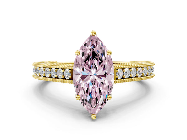 Yellow Gold Marquise Vintage Pave Engagement Ring Setting for Fancy Pink Center