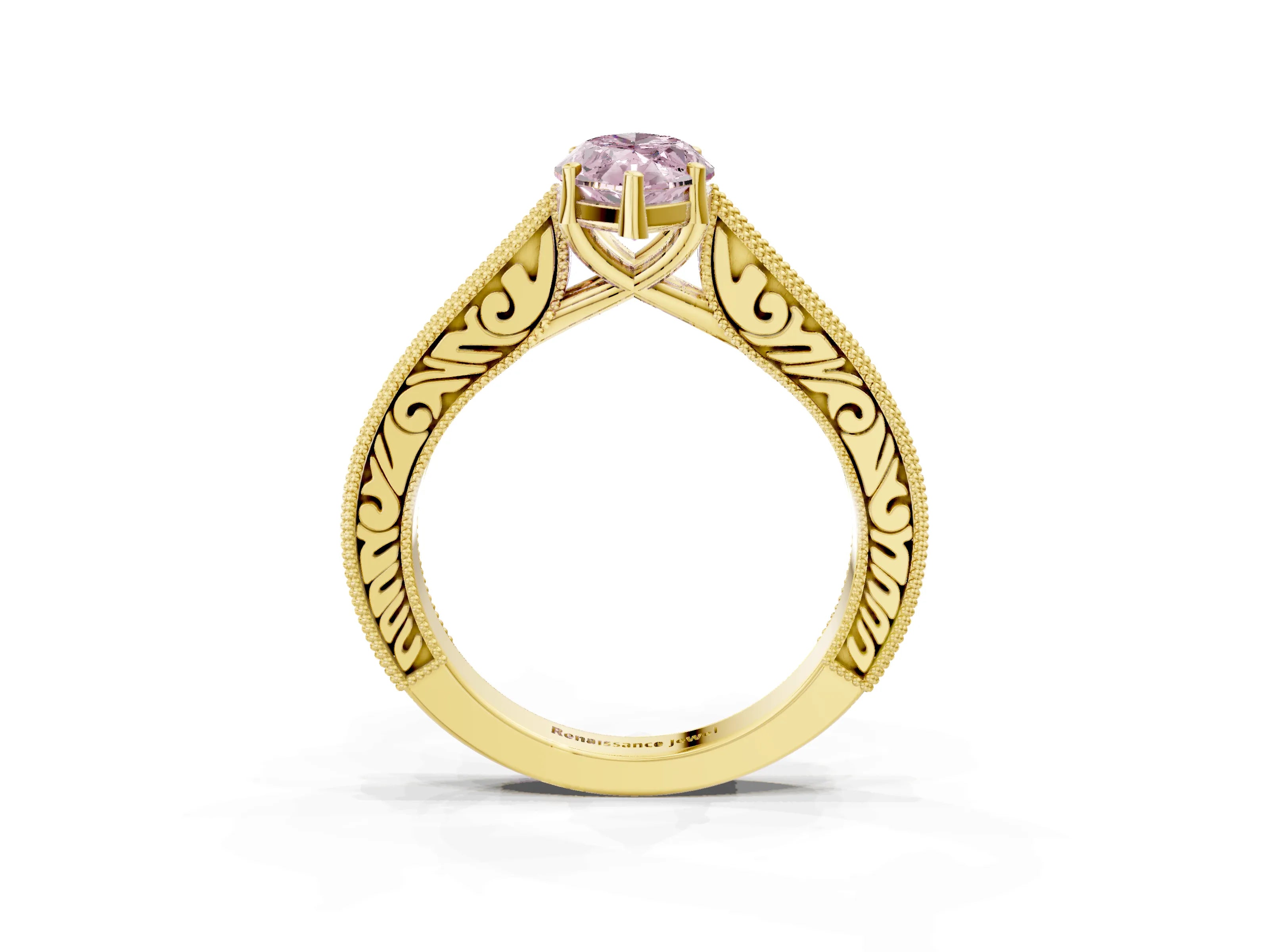 Yellow gold Fancy Pink Marquise Cut Cut Pave Band Milgrain Solitaire Ring_25