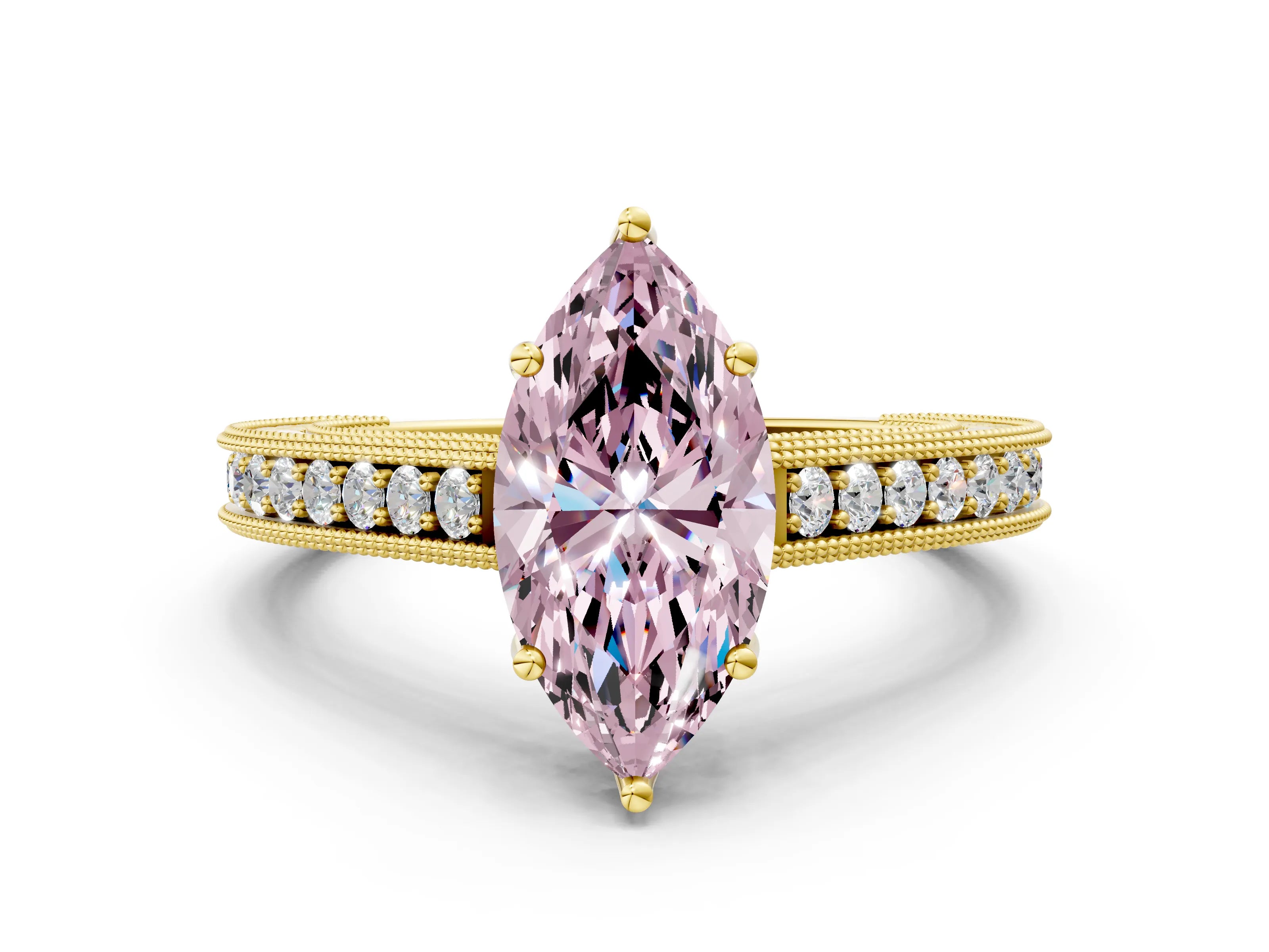Yellow gold Fancy Pink Marquise Cut Cut Pave Band Milgrain Solitaire Ring_7