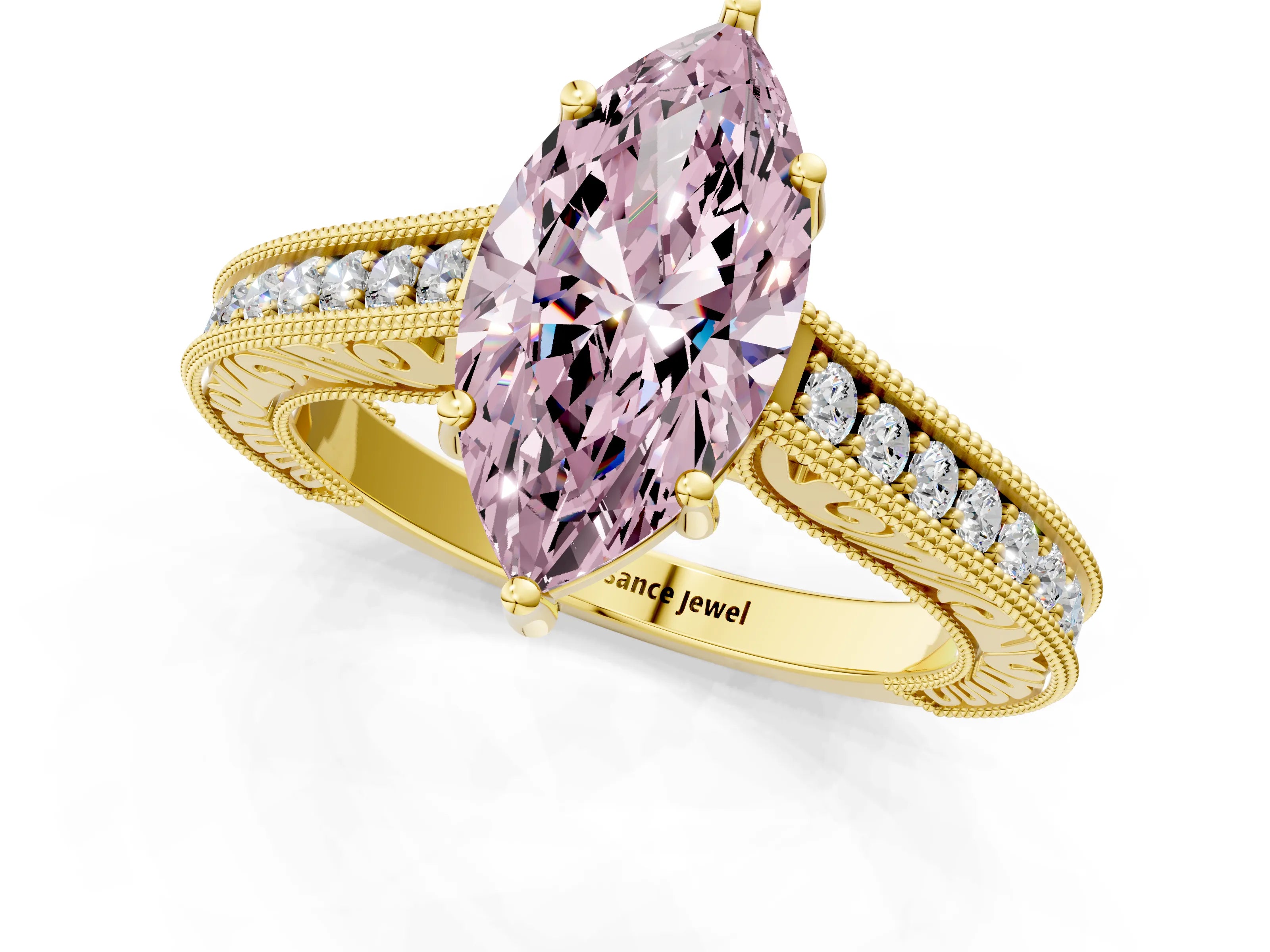 Yellow gold Fancy Pink Marquise Cut Cut Pave Band Milgrain Solitaire Ring_8