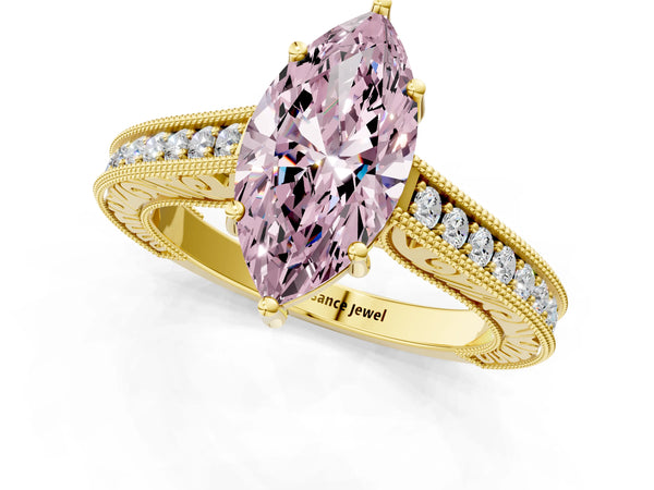 Yellow Gold Marquise Vintage Pave Engagement Ring Setting for Fancy Pink Center