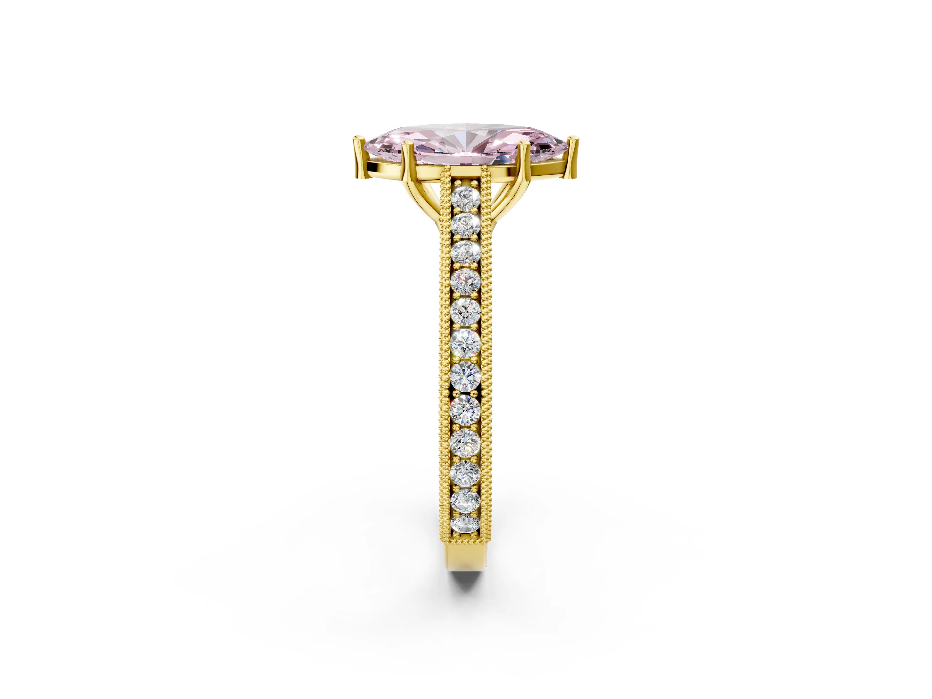 Yellow gold Fancy Pink Marquise Cut Cut Pave Band Milgrain Solitaire Ring_9