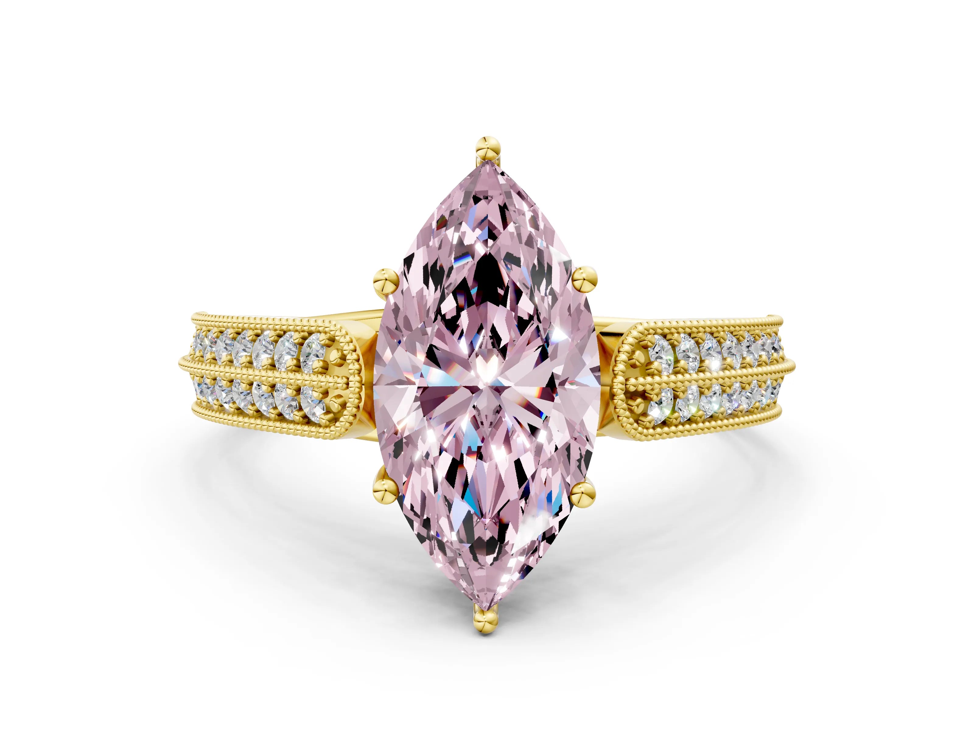 Yellow gold Fancy Pink Marquise Cut Cut Pave Split Shank Engagement Ring with Four-Prong Setting