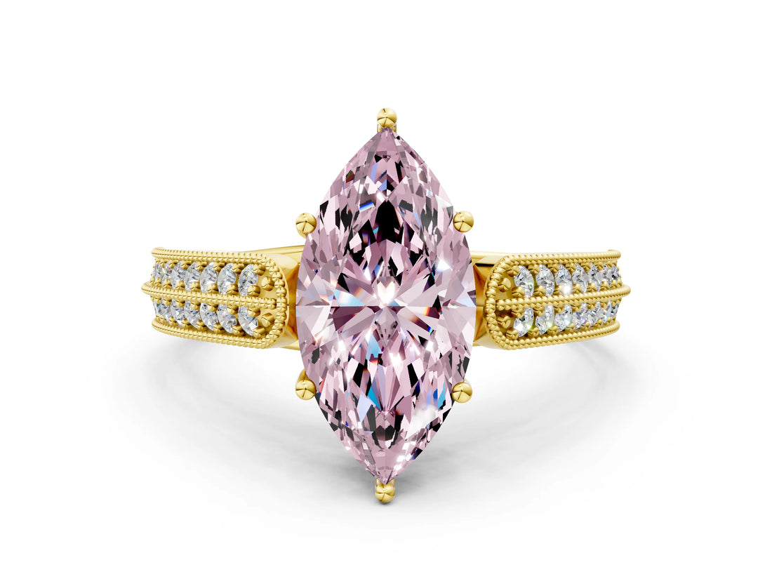 Yellow gold Fancy Pink Marquise Cut Cut Pave Split Shank Engagement Ring with Four-Prong Setting