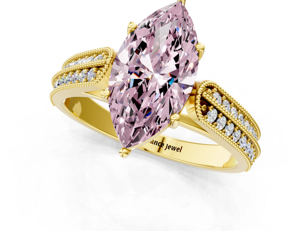 Yellow gold Fancy Pink Marquise Cut Cut Pave Split Shank Engagement Ring with Four-Prong Setting