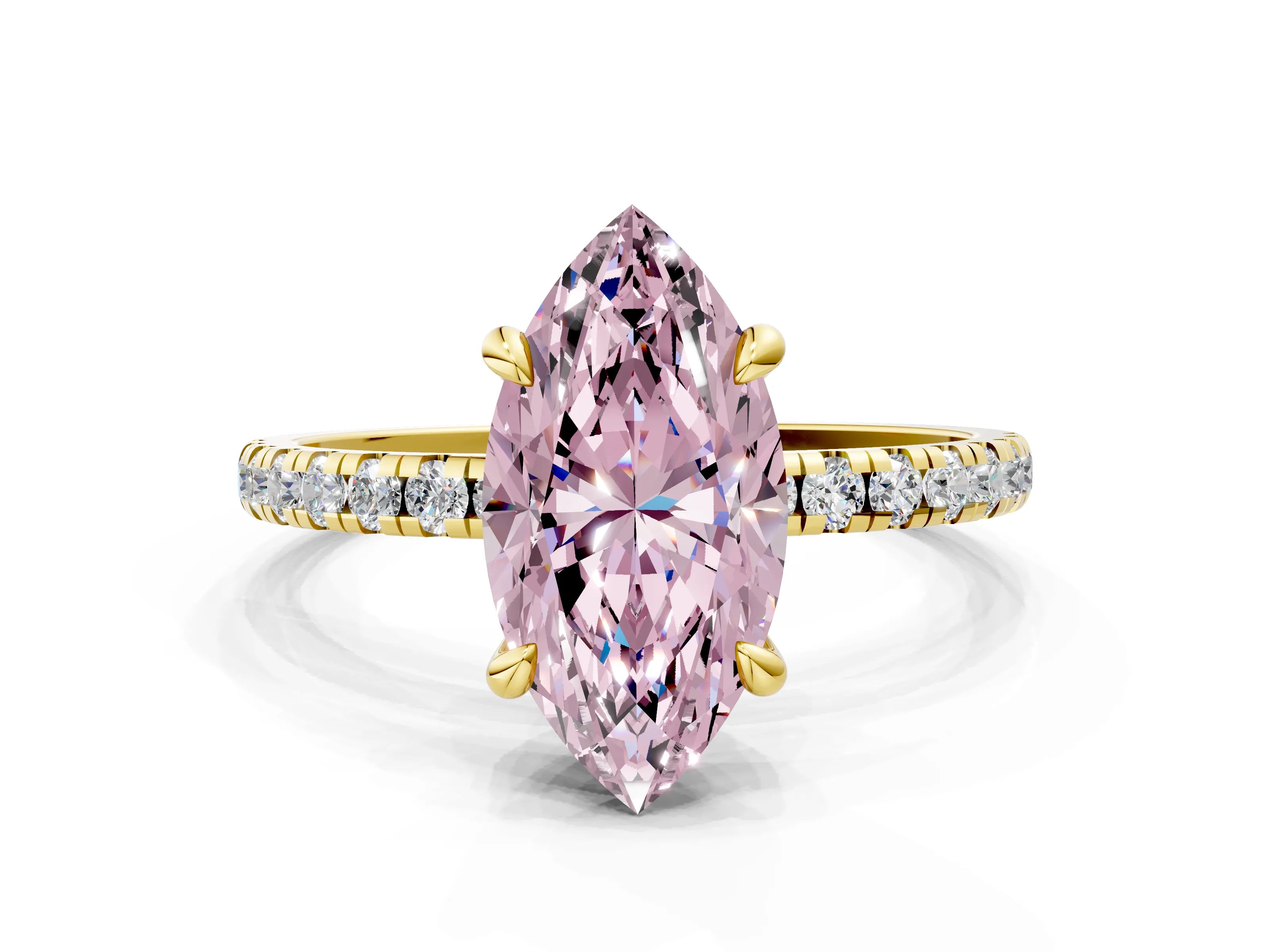 Yellow gold Fancy Pink Marquise Cut Diamond Brilliant Solitaire Ring with Pavé Band and Four-Prong Setting