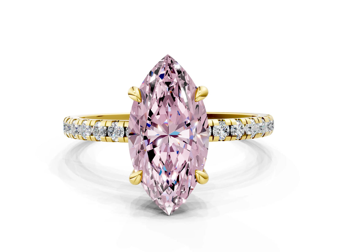 Yellow gold Fancy Pink Marquise Cut Diamond Brilliant Solitaire Ring with Pavé Band and Four-Prong Setting