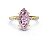 Yellow gold Fancy Pink Marquise Cut Diamond Brilliant Solitaire Ring with Pavé Band and Four-Prong Setting
