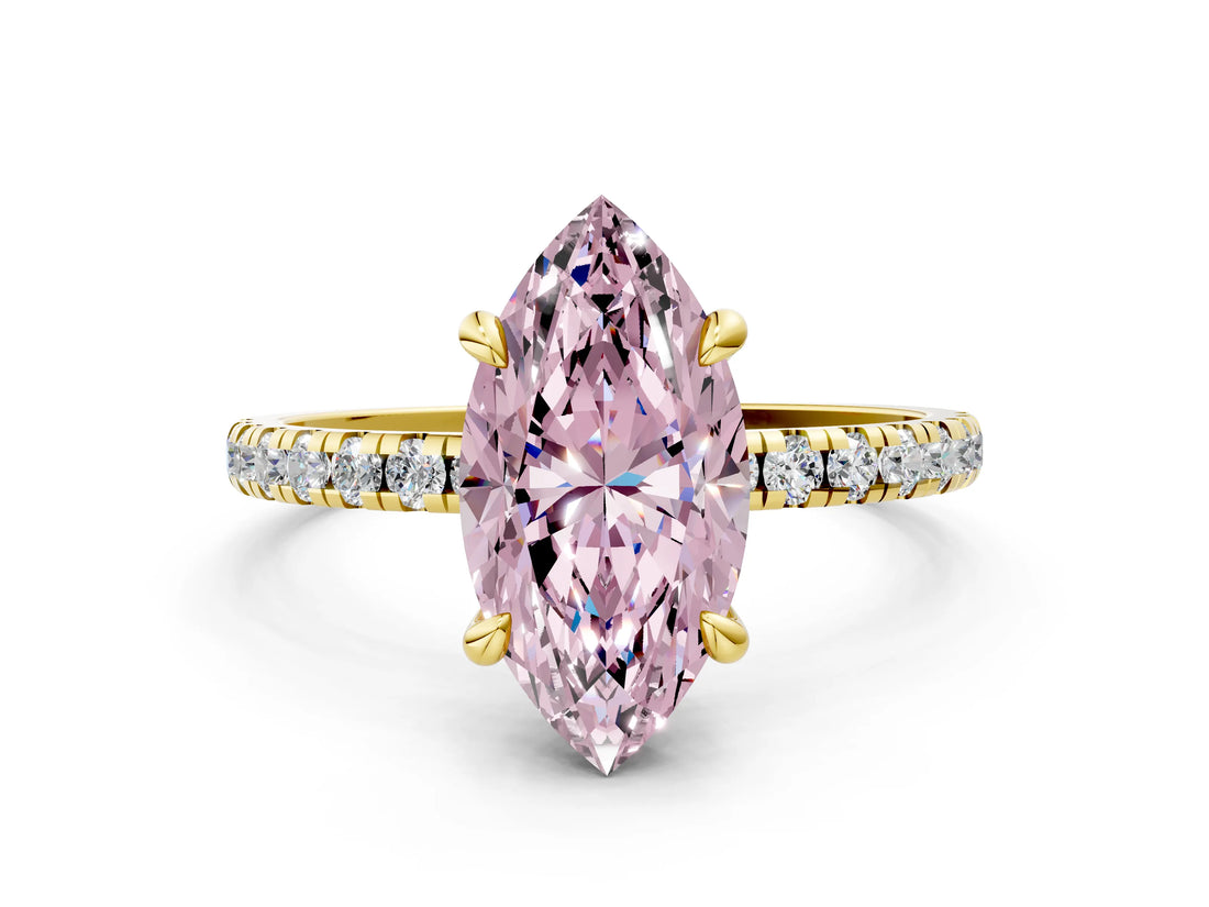 Yellow gold Fancy Pink Marquise Cut Diamond Brilliant Solitaire Ring with Pavé Band and Four-Prong Setting_12