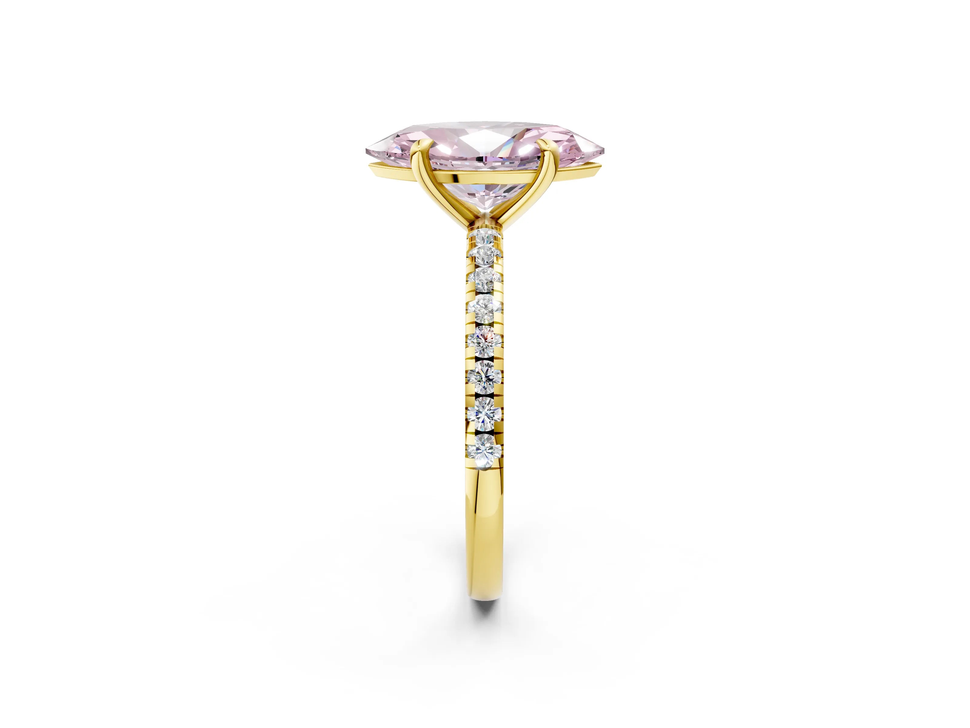 Yellow gold Fancy Pink Marquise Cut Diamond Brilliant Solitaire Ring with Pavé Band and Four-Prong Setting_2
