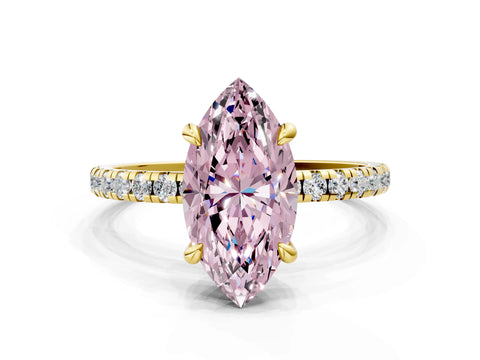 Yellow gold Fancy Pink Marquise Cut Diamond Brilliant Solitaire Ring with Pavé Band and Four-Prong Setting