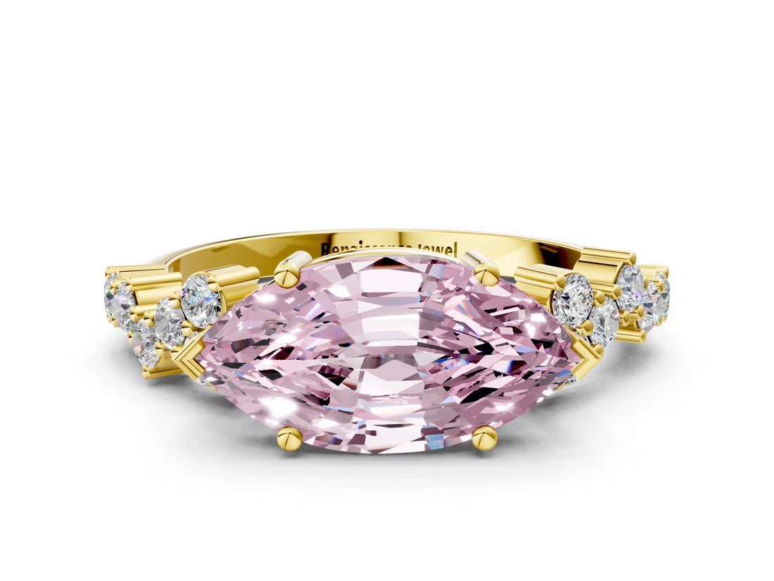 Yellow gold Fancy Pink Marquise Cut Diamond Cluster Pavé Band with Four-Prong Setting_12