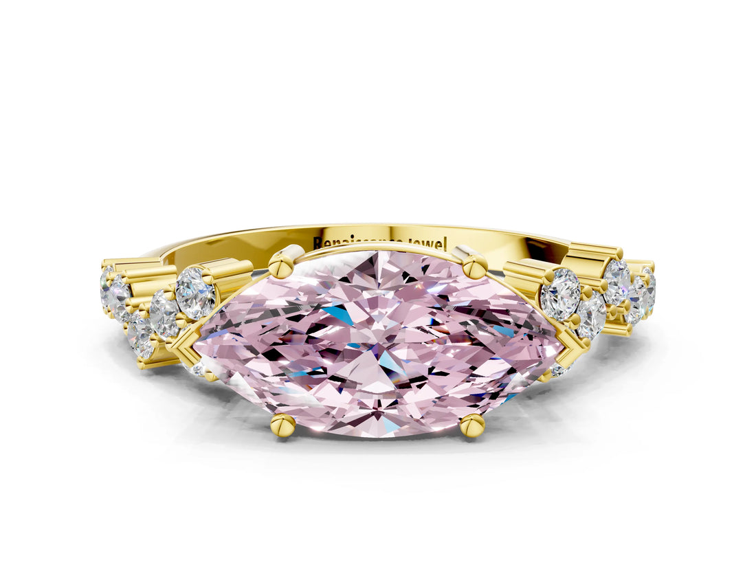 Yellow gold Fancy Pink Marquise Cut Diamond Cluster Pavé Band with Four-Prong Setting_3