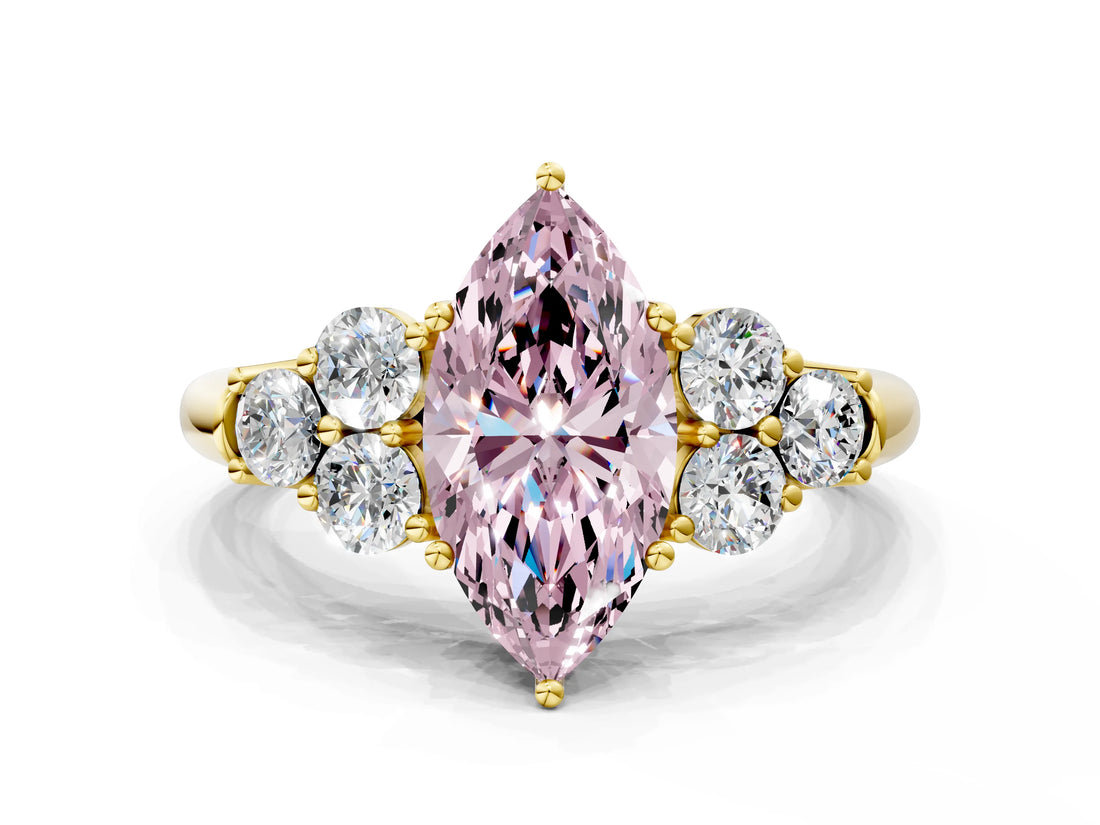 Yellow gold Fancy Pink Marquise  Cut Diamond Cluster Ring with Round Accent Stones and Prong Setting on a Classic Band_49