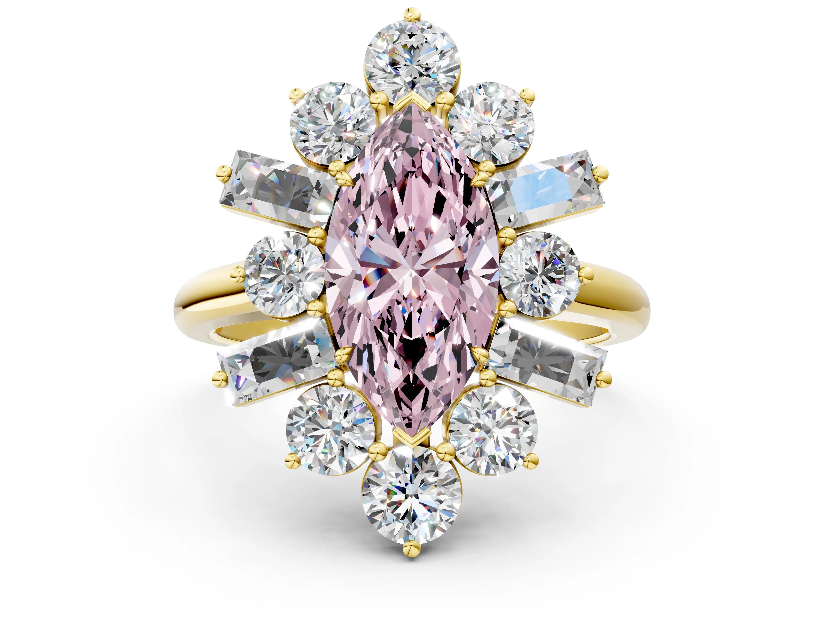 Yellow gold Fancy Pink Marquise Cut Diamond Cluster Ring with Round and Baguette Stones, Split Shank Band, Prong Setting