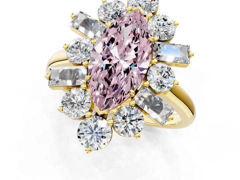 Yellow gold Fancy Pink Marquise Cut Diamond Cluster Ring with Round and Baguette Stones, Split Shank Band, Prong Setting_1