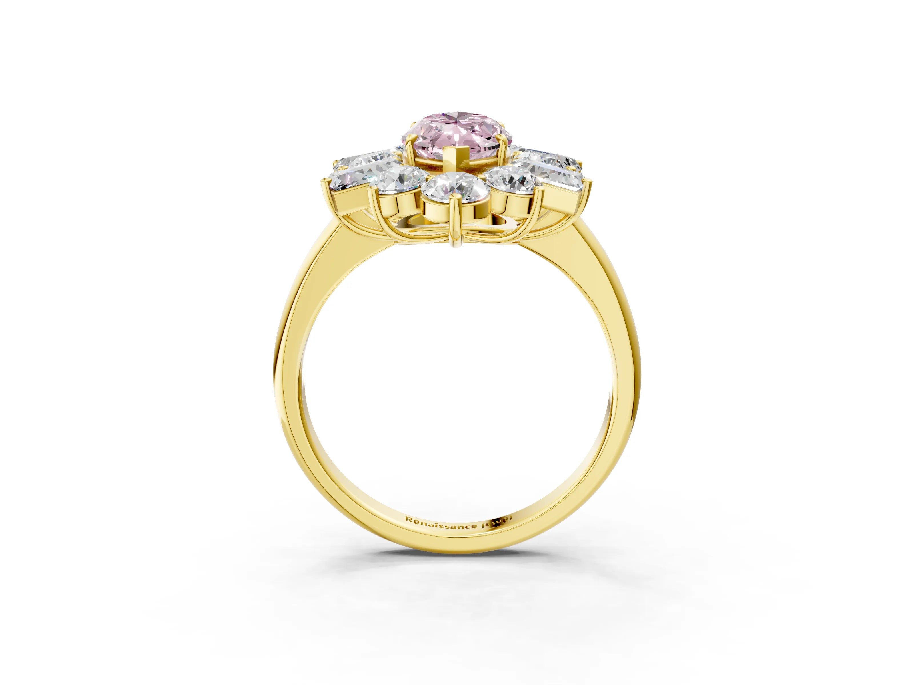 Yellow gold Fancy Pink Marquise Cut Diamond Cluster Ring with Round and Baguette Stones, Split Shank Band, Prong Setting_3