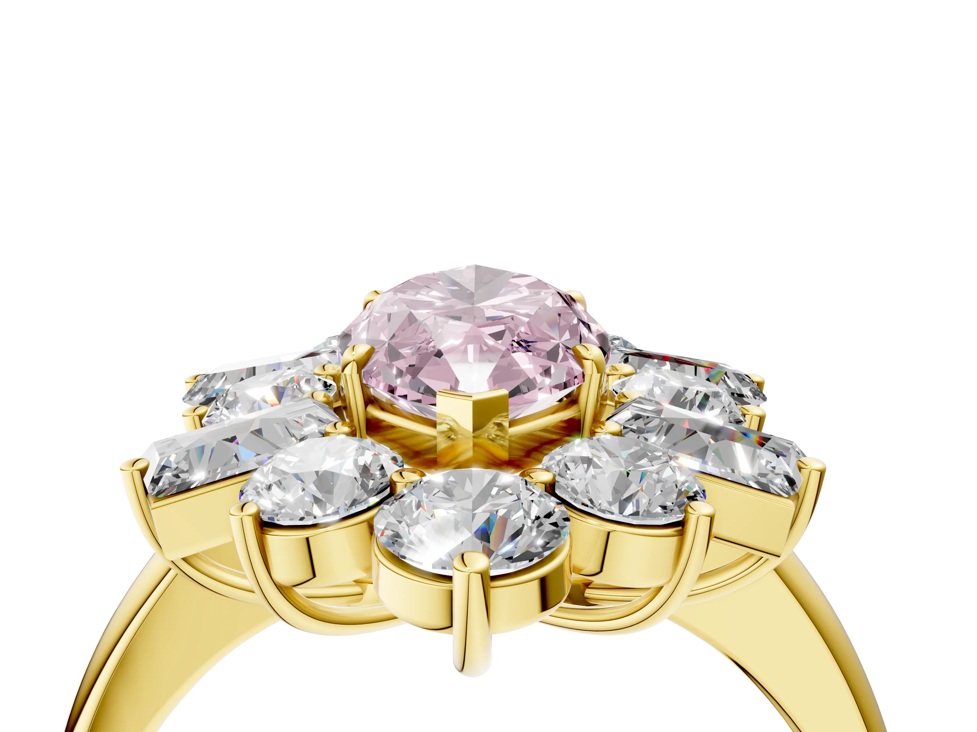 Yellow gold Fancy Pink Marquise Cut Diamond Cluster Ring with Round and Baguette Stones, Split Shank Band, Prong Setting_4
