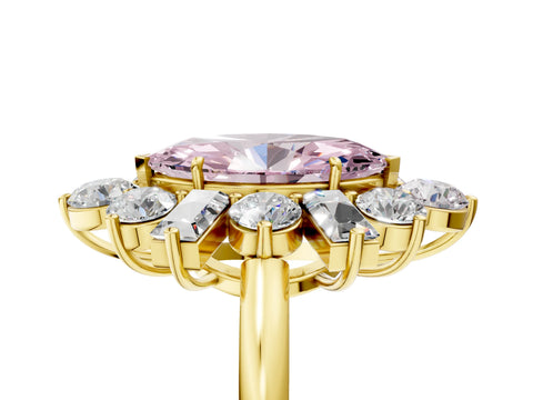 Yellow gold Fancy Pink Marquise Cut Diamond Cluster Ring with Round and Baguette Stones, Split Shank Band, Prong Setting_5