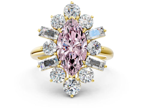 Yellow gold Fancy Pink Marquise Cut Diamond Cluster Ring with Round and Baguette Stones, Split Shank Band, Prong Setting