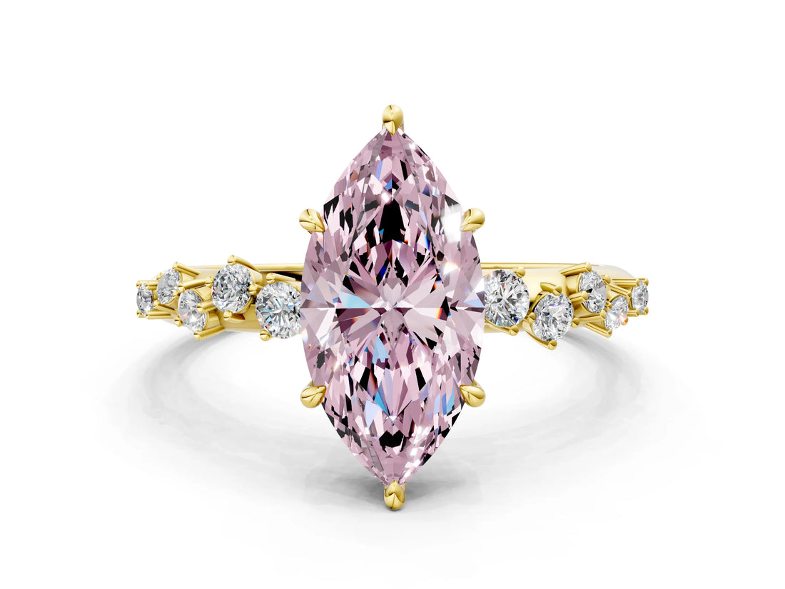 Yellow gold Fancy Pink Marquise Cut Diamond Cluster Side Stone Solitaire Ring with Prong Setting_66