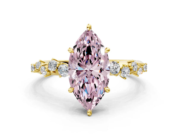 Yellow gold Fancy Pink Marquise Cut Diamond Cluster Side Stone Solitaire Ring with Prong Setting
