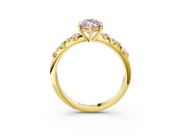 Yellow gold Fancy Pink Marquise Cut Diamond Cluster Side Stone Solitaire Ring with Prong Setting