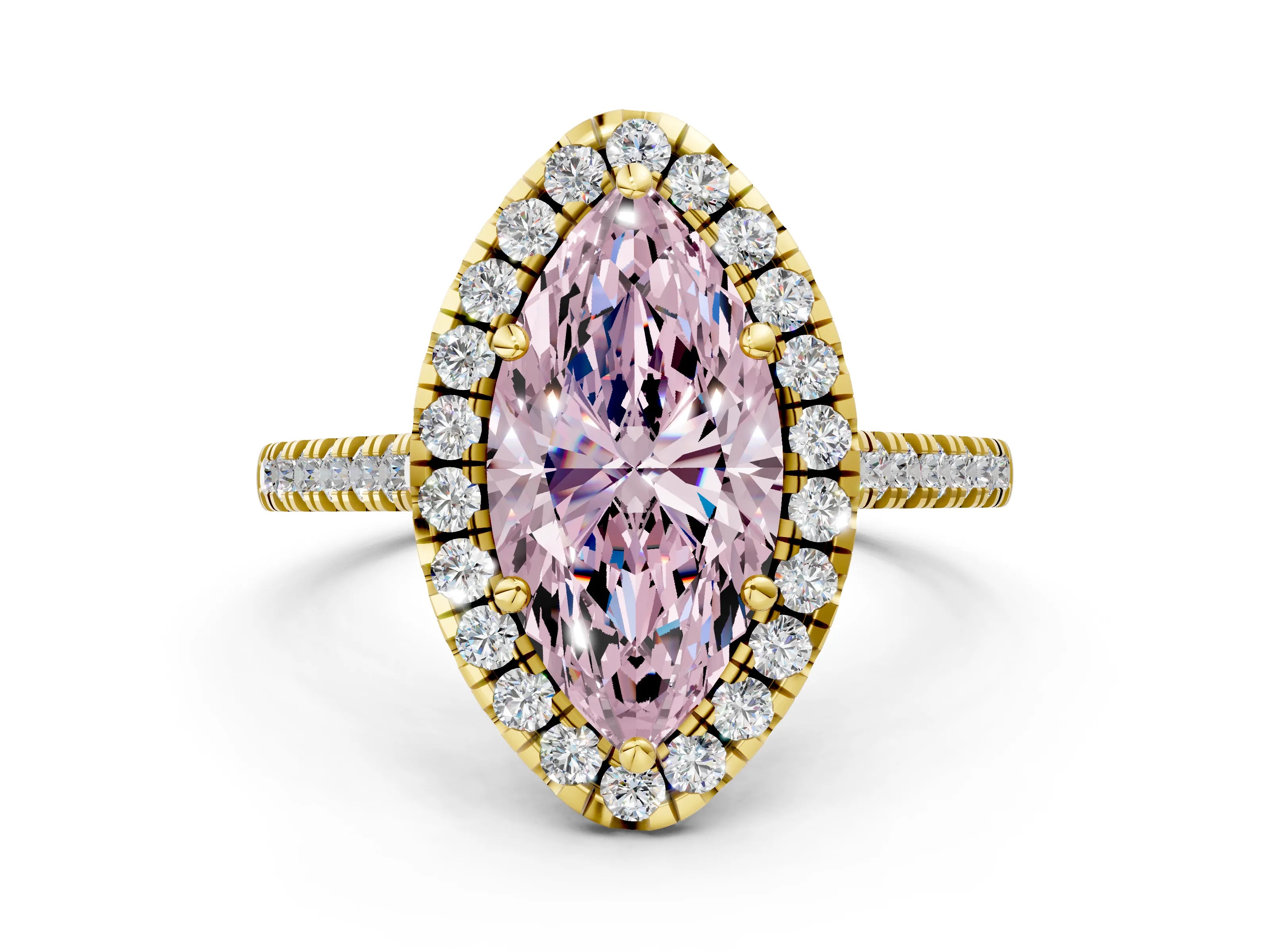 Yellow gold Fancy Pink Marquise Cut Diamond Cushion Halo Ring with Pavé Band