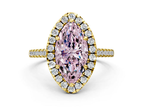 Yellow gold Fancy Pink Marquise Cut Diamond Cushion Halo Ring with Pavé Band
