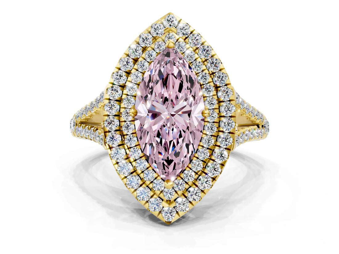 Yellow gold Fancy Pink Marquise Cut Diamond Double Halo Ring with Pavé Band and Prong Setting_78